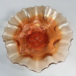 Vtg Dugan Apple Blossom Carnival Glass Ruffled Bowl Marigold 7" Satin Finish
